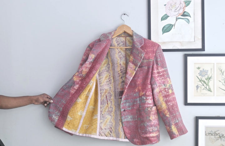 Ezra, Chest 42 Inches, XL, Distressed Vintage Fabric Kantha Blazer for Men - kinchecom