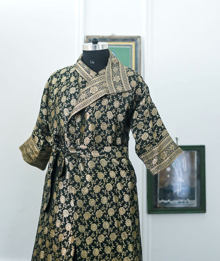 Jama 10 Long Robe Style Coat made with Vintage Zari Silk Three Quarter Sleeves, Medium