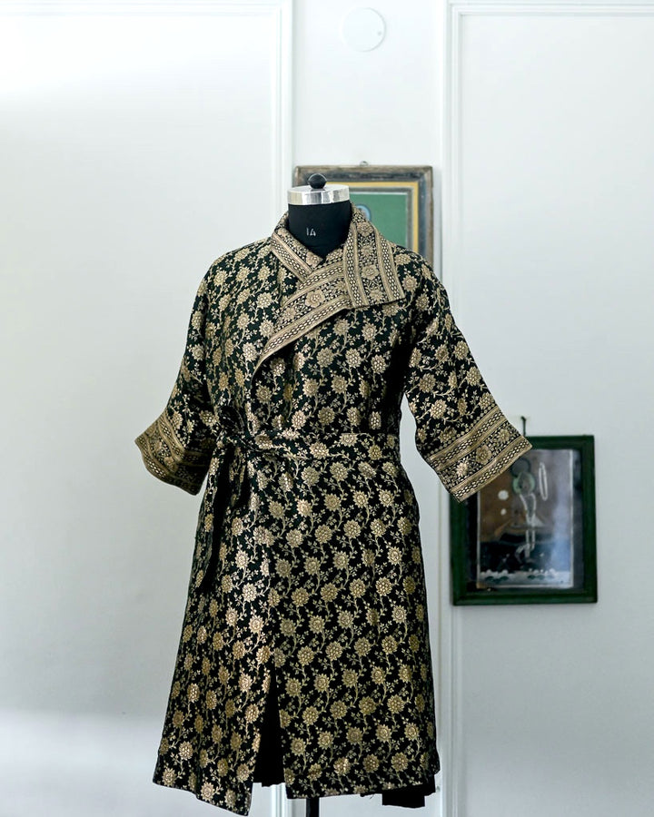 Jama 10 Long Robe Style Coat made with Vintage Zari Silk Three Quarter Sleeves, Medium