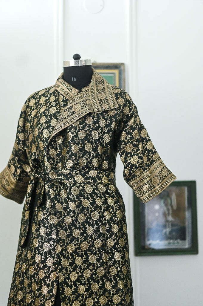 Jama 10 Long Robe Style Coat made with Vintage Zari Silk Three Quarter Sleeves, Medium