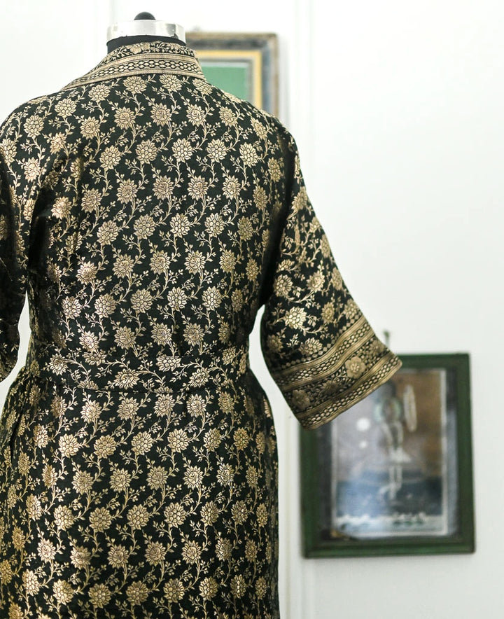 Jama 10 Long Robe Style Coat made with Vintage Zari Silk Three Quarter Sleeves, Medium