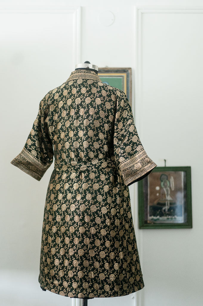Jama 10 Long Robe Style Coat made with Vintage Zari Silk Three Quarter Sleeves, Medium