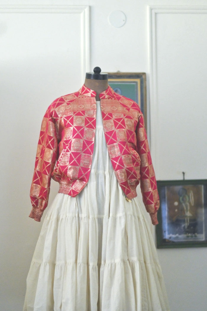 Husna, Fuschia & Gold Bomber in Zari Katan Silk, M