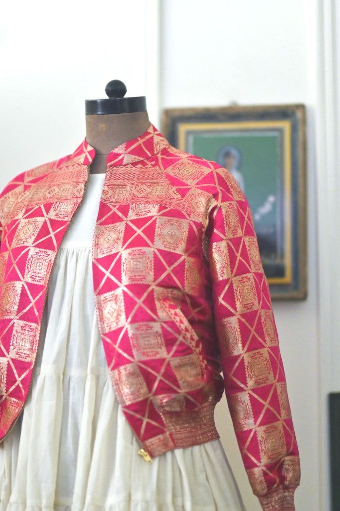 Husna, Fuschia & Gold Bomber in Zari Katan Silk, M
