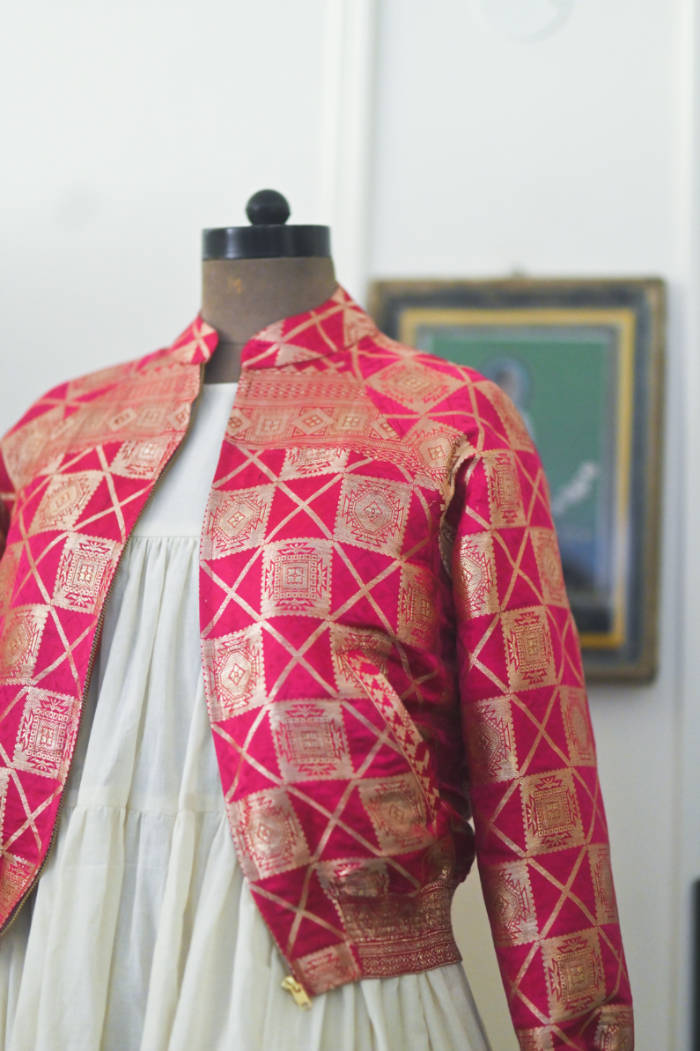 Husna, Fuschia & Gold Bomber in Zari Katan Silk, M