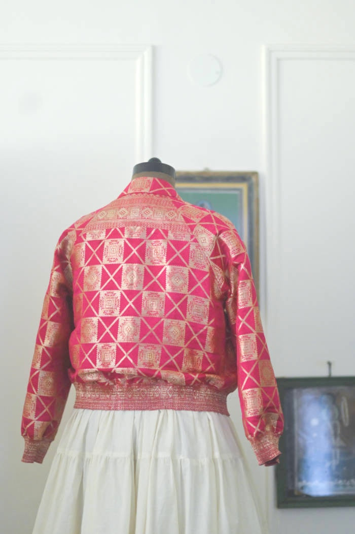 Husna, Fuschia & Gold Bomber in Zari Katan Silk, M
