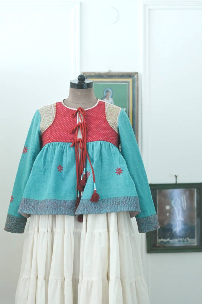 Jakarta, Hand Crafted & Hand Embroidered Kantha Kediya Jacket in Green