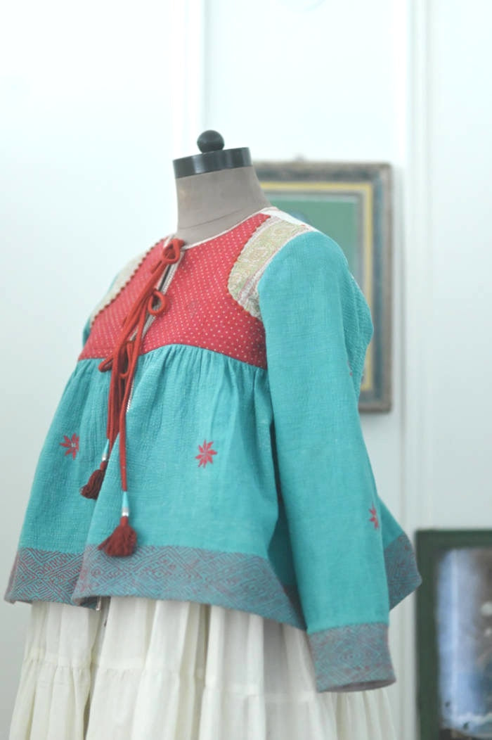 Jakarta, Hand Crafted & Hand Embroidered Kantha Kediya Jacket in Green