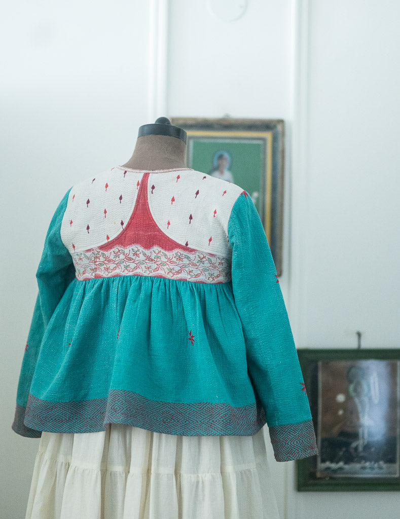 Jakarta, Hand Crafted & Hand Embroidered Kantha Kediya Jacket in Green