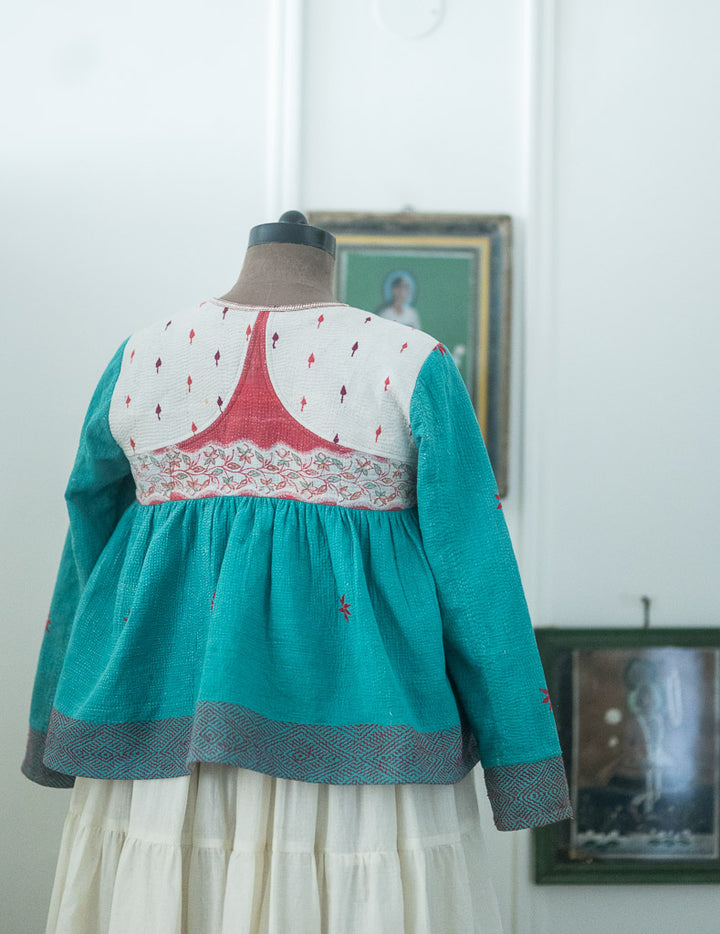 Jakarta, Hand Crafted & Hand Embroidered Kantha Kediya Jacket in Green