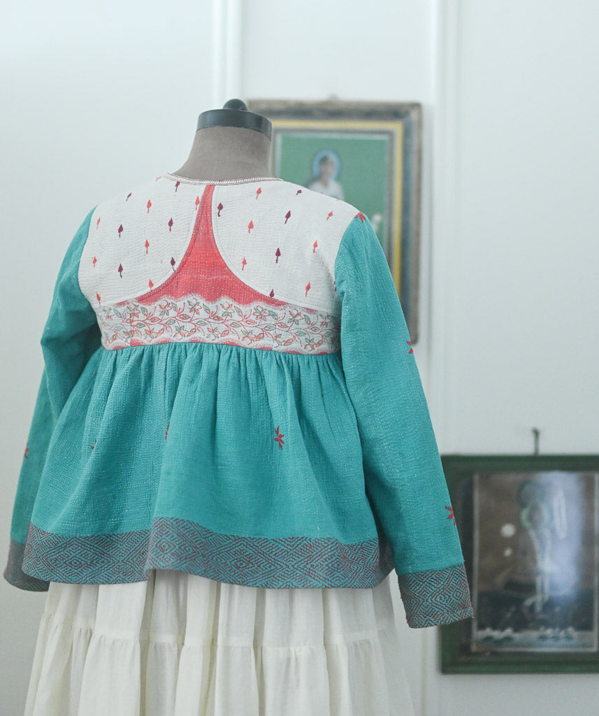 Jakarta, Hand Crafted & Hand Embroidered Kantha Kediya Jacket in Green