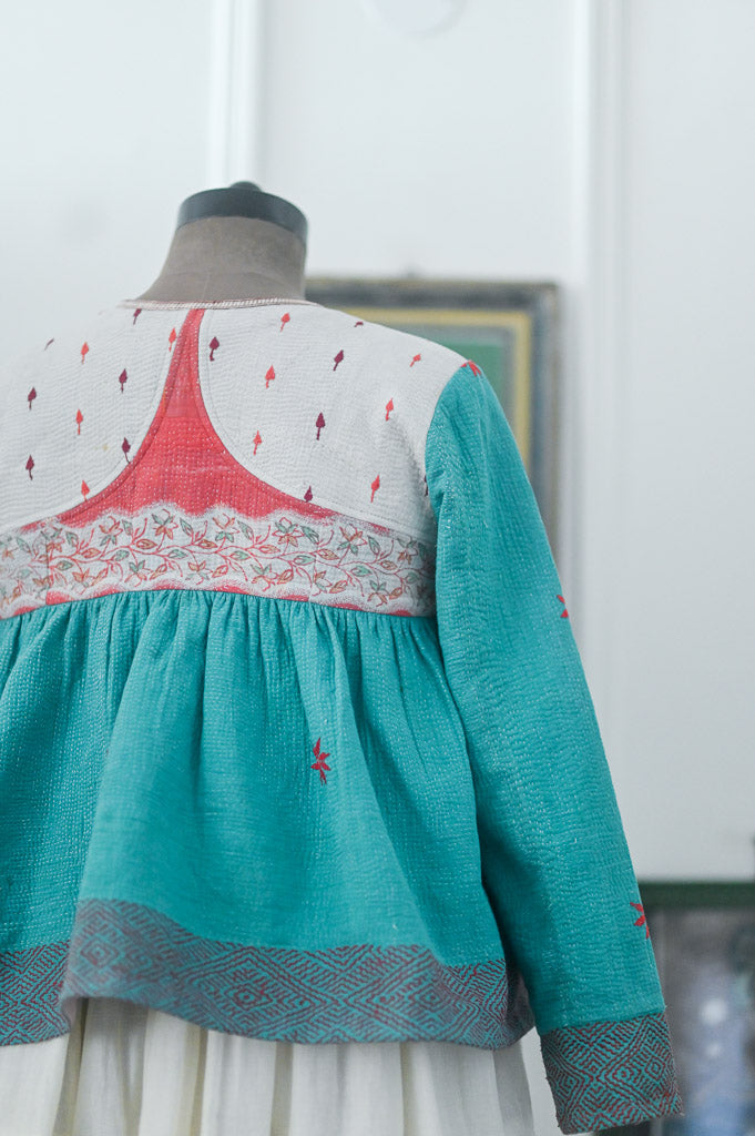 Jakarta, Hand Crafted & Hand Embroidered Kantha Kediya Jacket in Green
