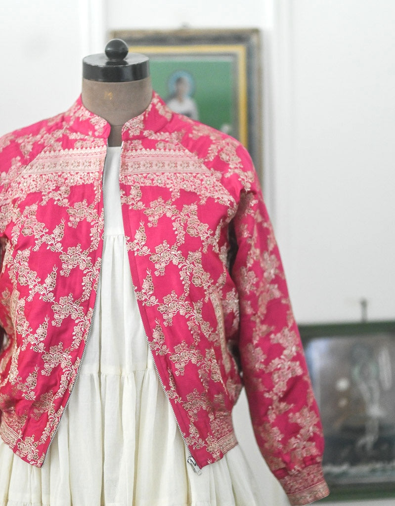 Fida, Katan Silk Vintage Zari Saree Up Cycled Bomber in M & Large