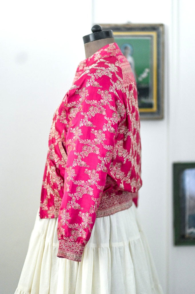 Fida, Katan Silk Vintage Zari Saree Up Cycled Bomber in M & Large