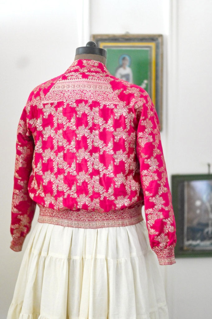 Fida, Katan Silk Vintage Zari Saree Up Cycled Bomber in M & Large