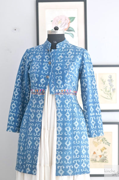 Large, Reetika, Indigo Block Print over Vintage Kantha, Phulkari Embroidery de