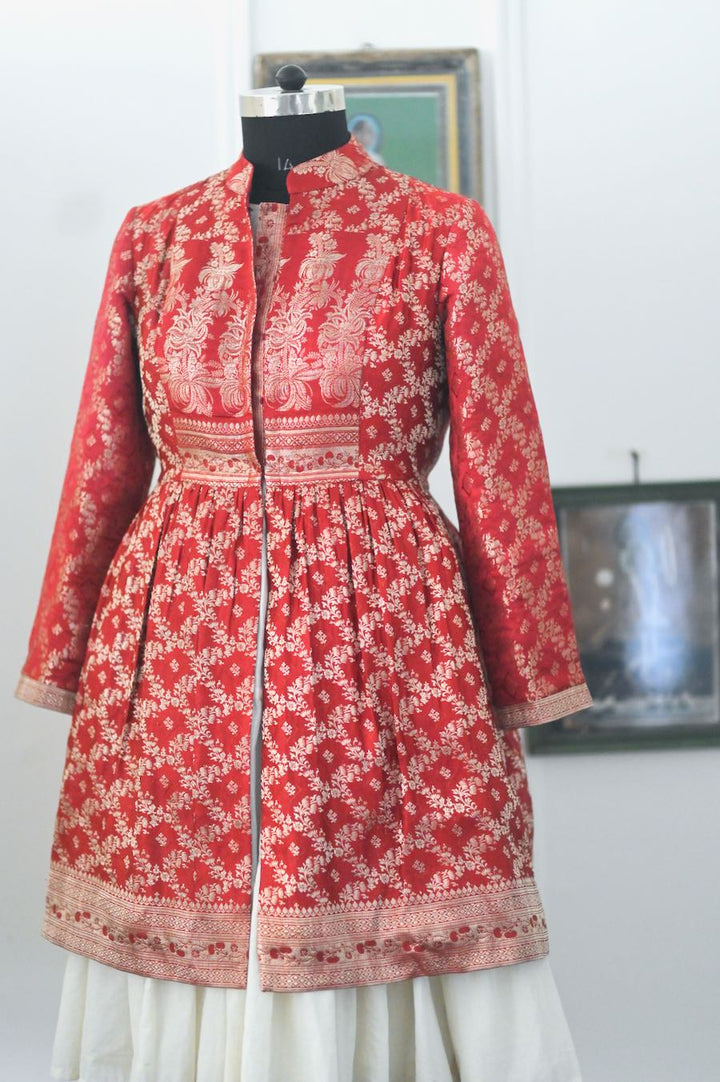 Raasa, Vintage Zari Saree Up Cycled Long Jacket in Gold & Deep Red