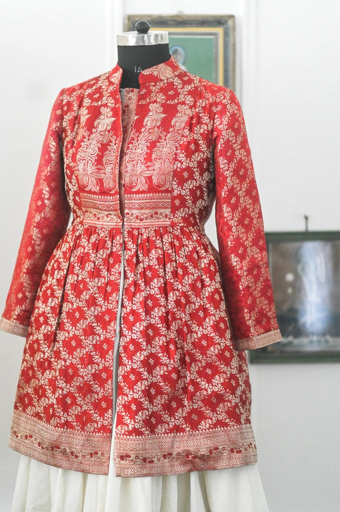Raasa, Vintage Zari Saree Up Cycled Long Jacket in Gold & Deep Red