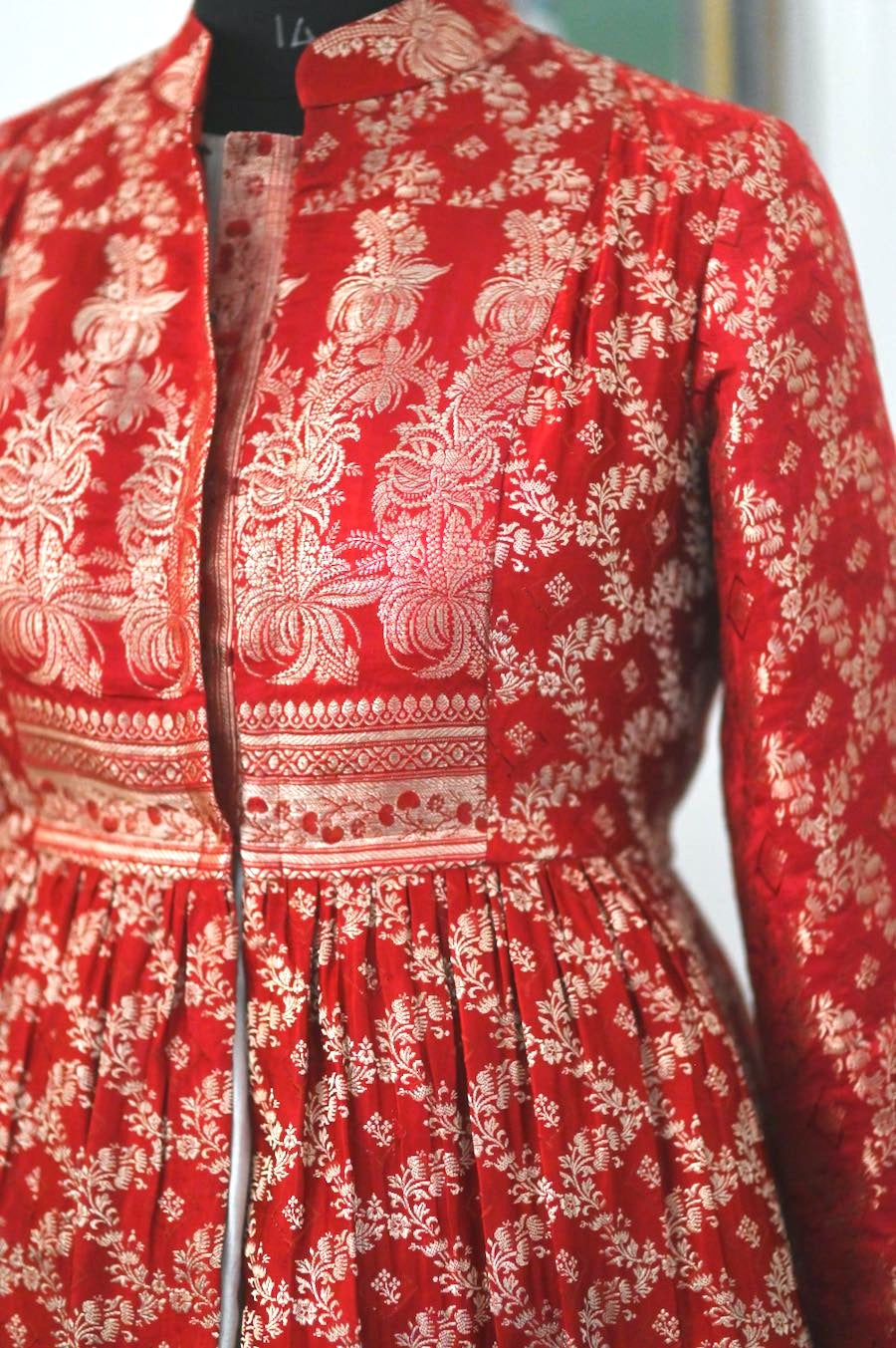 Raasa, Vintage Zari Saree Up Cycled Long Jacket in Gold & Deep Red