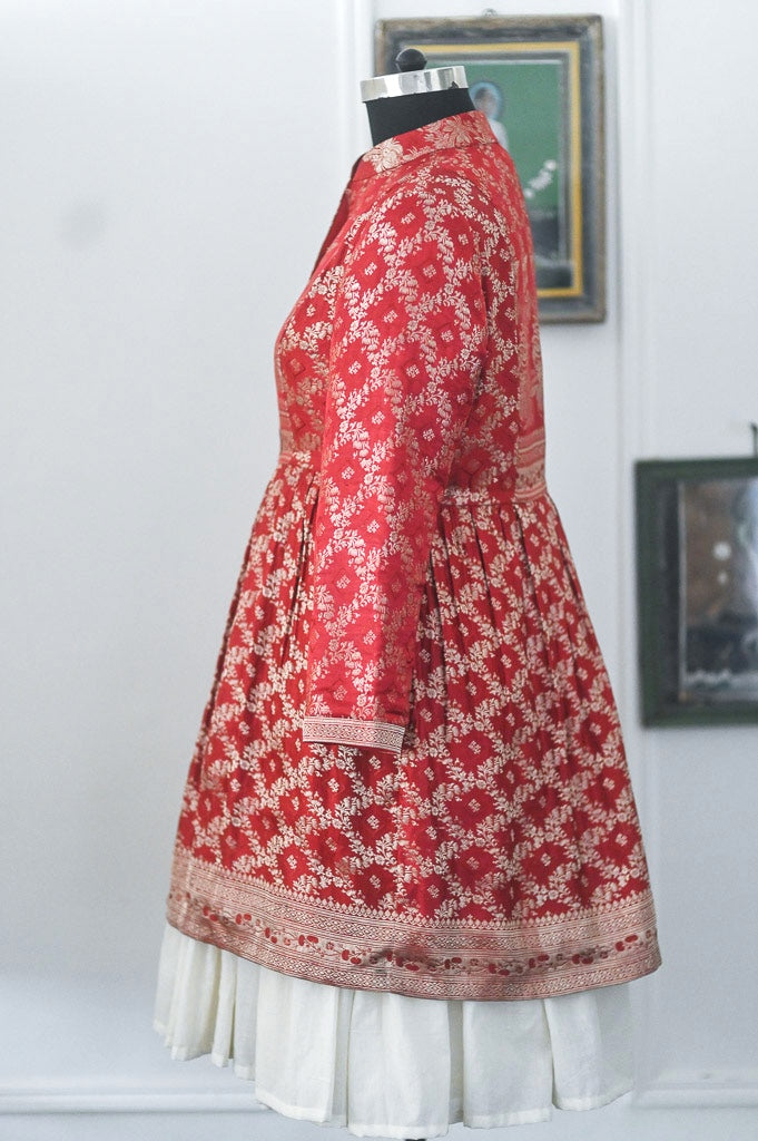Raasa, Vintage Zari Saree Up Cycled Long Jacket in Gold & Deep Red