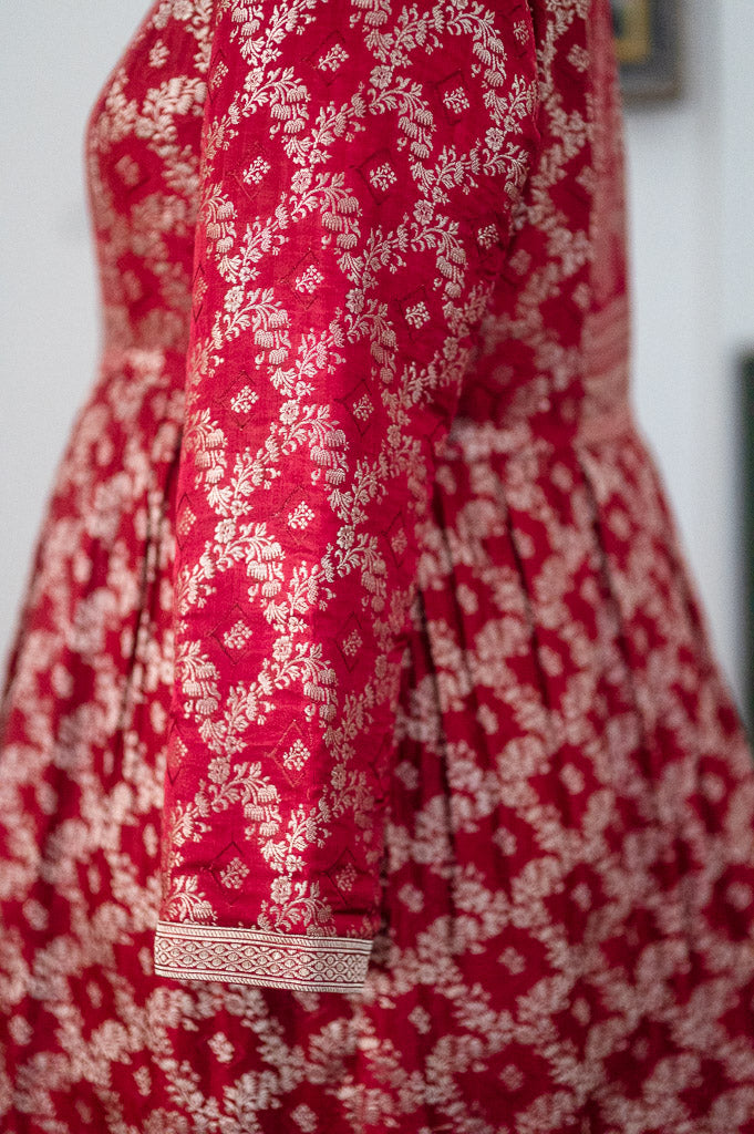 Raasa, Vintage Zari Saree Up Cycled Long Jacket in Gold & Deep Red