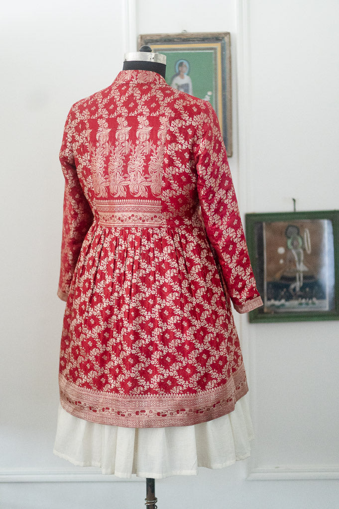 Raasa, Vintage Zari Saree Up Cycled Long Jacket in Gold & Deep Red
