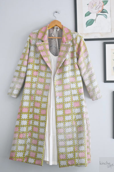 XL, Hilda, Vintage Quilt Long Coat with Brass Buttons, Sustainably Made, Bust 38 Inches