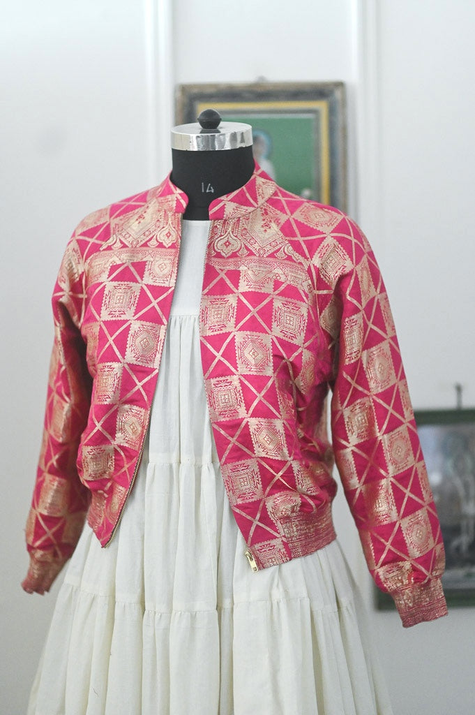 Husna, Fuschia & Gold Bomber in Zari Katan Silk, Size Large