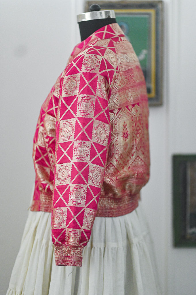 Husna, Fuschia & Gold Bomber in Zari Katan Silk, Size Large