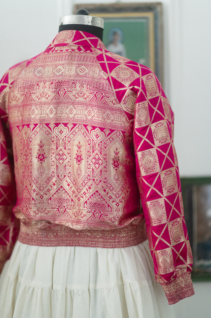 Husna, Fuschia & Gold Bomber in Zari Katan Silk, Size Large