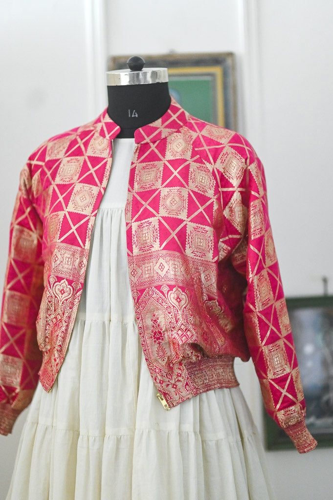 Husna, Fuschia & Gold Bomber in Zari Katan Silk, Size XL