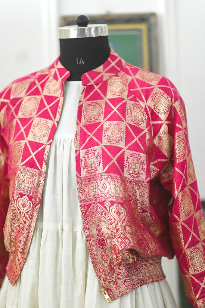 Husna, Fuschia & Gold Bomber in Zari Katan Silk, Size XL