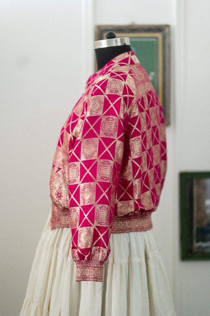 Husna, Fuschia & Gold Bomber in Zari Katan Silk, Size XL