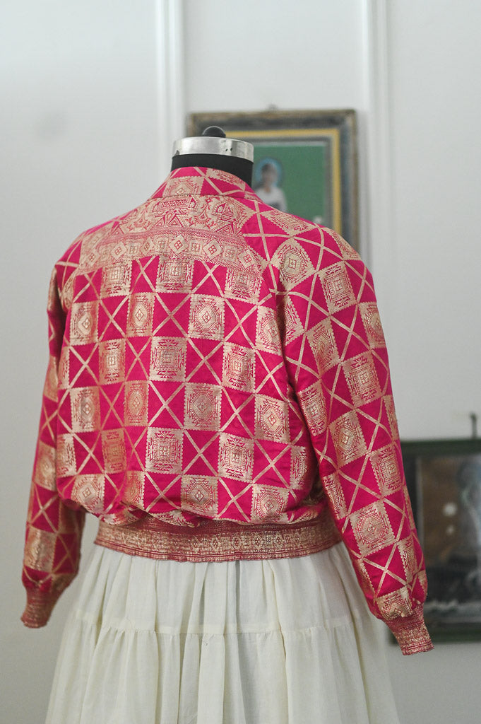 Husna, Fuschia & Gold Bomber in Zari Katan Silk, Size XL