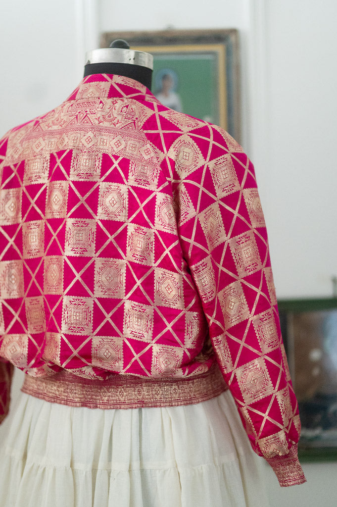 Husna, Fuschia & Gold Bomber in Zari Katan Silk, Size XL