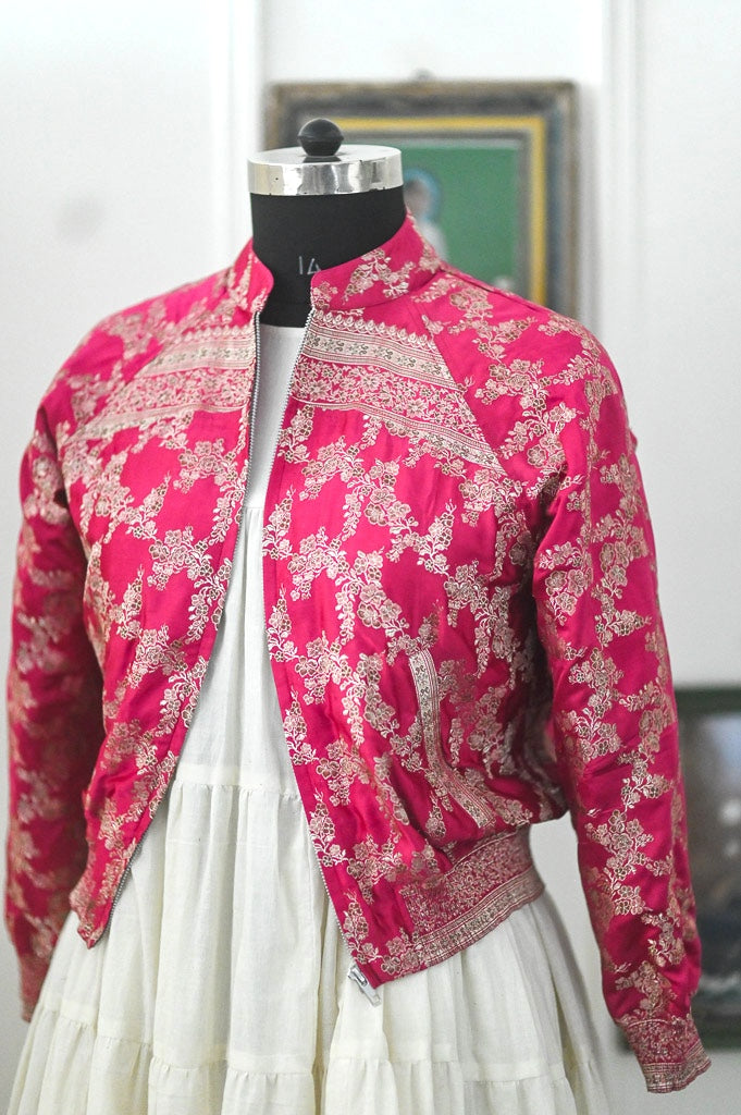 Fida, Katan Silk Vintage Zari Saree Up Cycled Bomber in M & Large