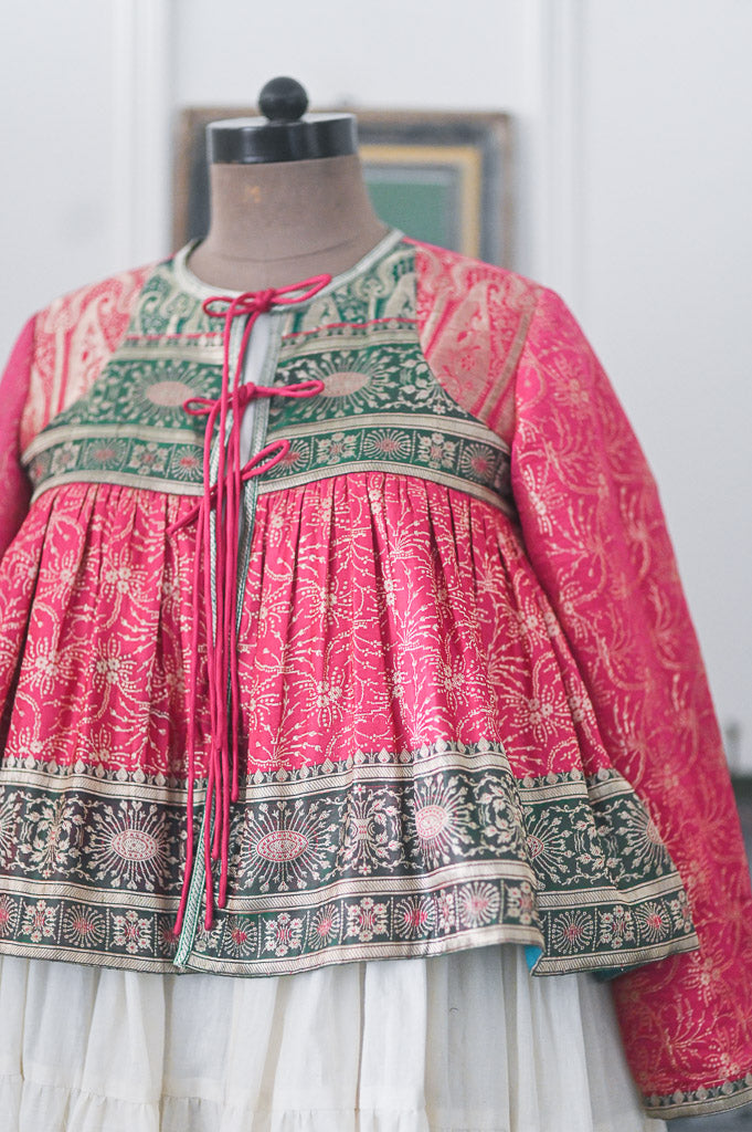 Resham, Fuschia & Emerald Green Up Cycled from Vintage Saree Kedia, Medium