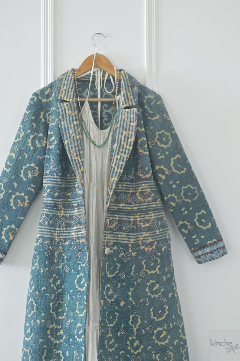 Hermoine, Vintage Quilt Long Coat with Brass Buttons, Sustainably Made, Bust 38 Inches