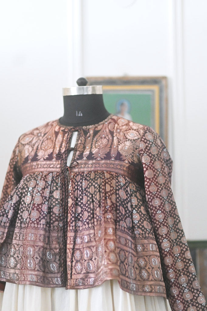 Chamak, Vintage Silk, Up Cycled into a Zari Deep Brown Kedia Blouse Medium