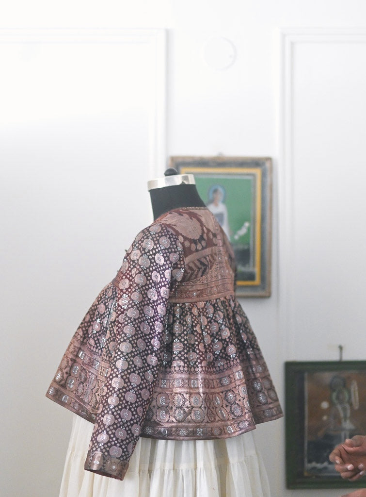 Chamak, Vintage Silk, Up Cycled into a Zari Deep Brown Kedia Blouse Medium