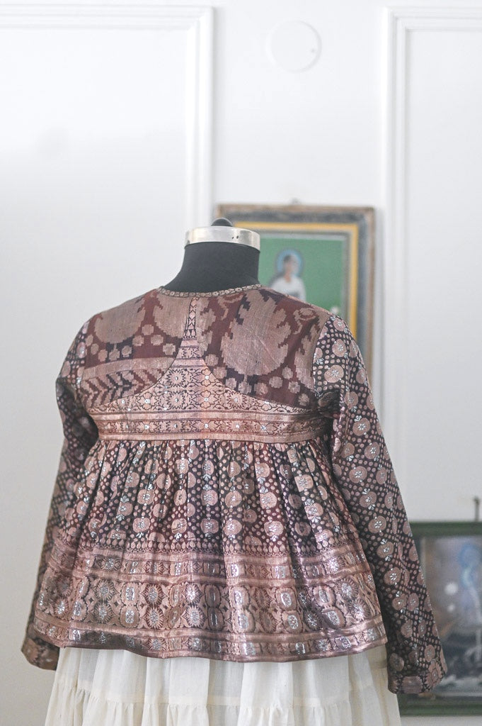 Chamak, Vintage Silk, Up Cycled into a Zari Deep Brown Kedia Blouse Medium