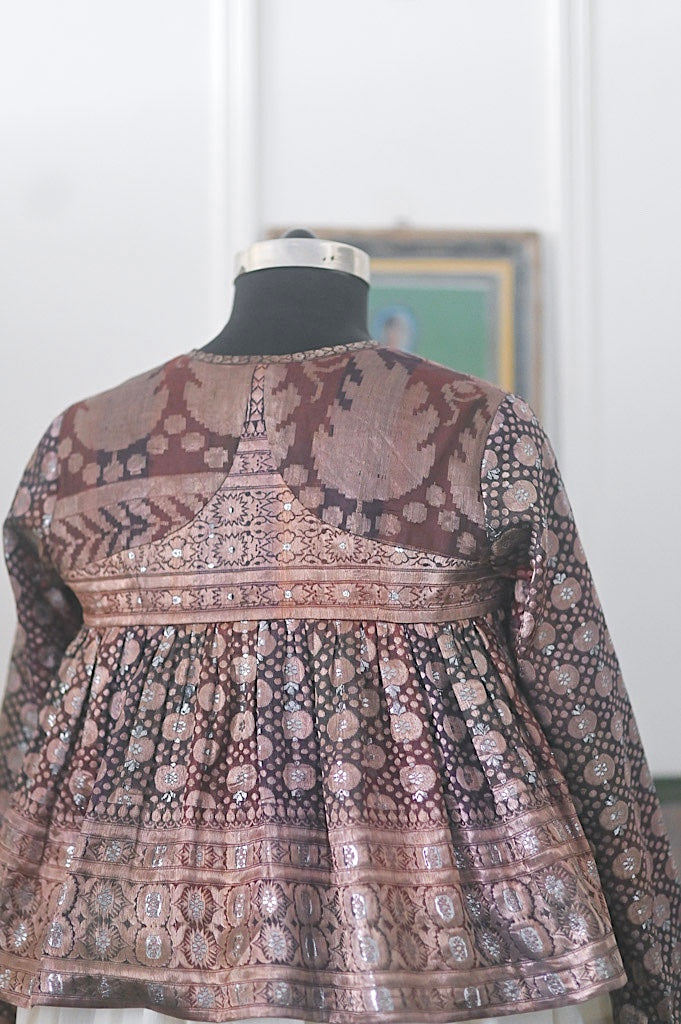 Chamak, Vintage Silk, Up Cycled into a Zari Deep Brown Kedia Blouse Medium