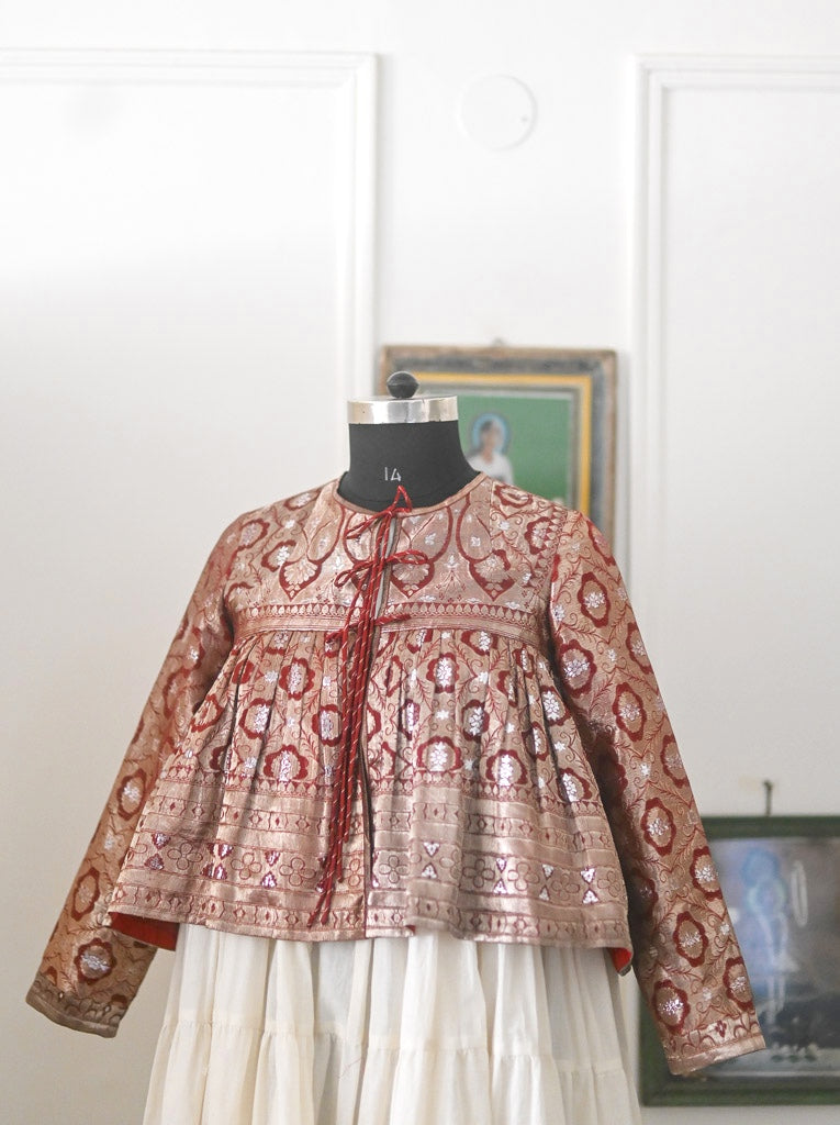 Alisha, Vintage Silk, Up Cycled into a Zari Deep Brown Kedia Blouse, Large - kinchecom