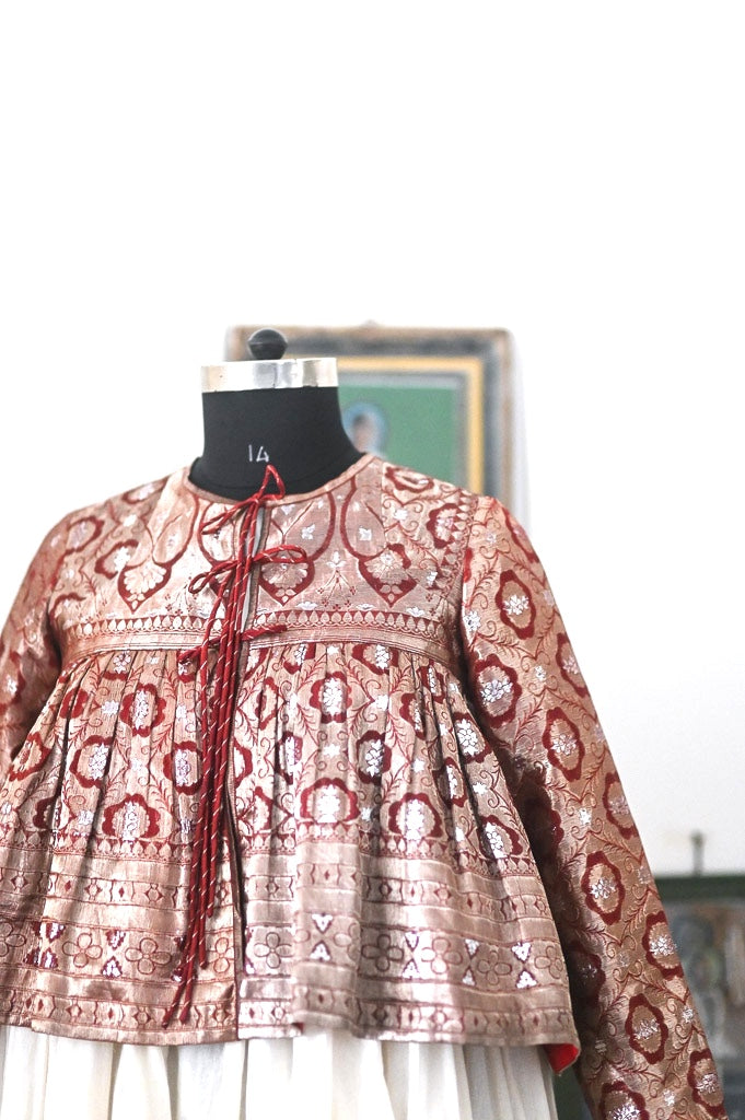 Alisha, Vintage Silk, Up Cycled into a Zari Deep Brown Kedia Blouse, Large - kinchecom