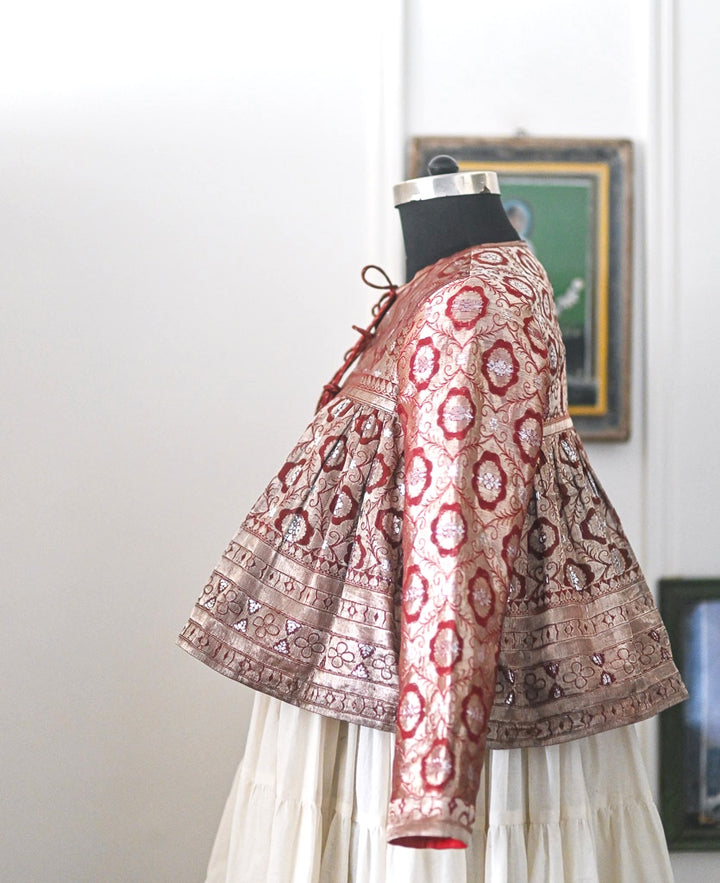 Alisha, Vintage Silk, Up Cycled into a Zari Deep Brown Kedia Blouse, Large - kinchecom