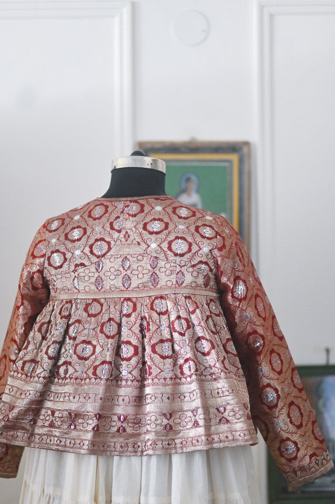 Alisha, Vintage Silk, Up Cycled into a Zari Deep Brown Kedia Blouse, Large - kinchecom