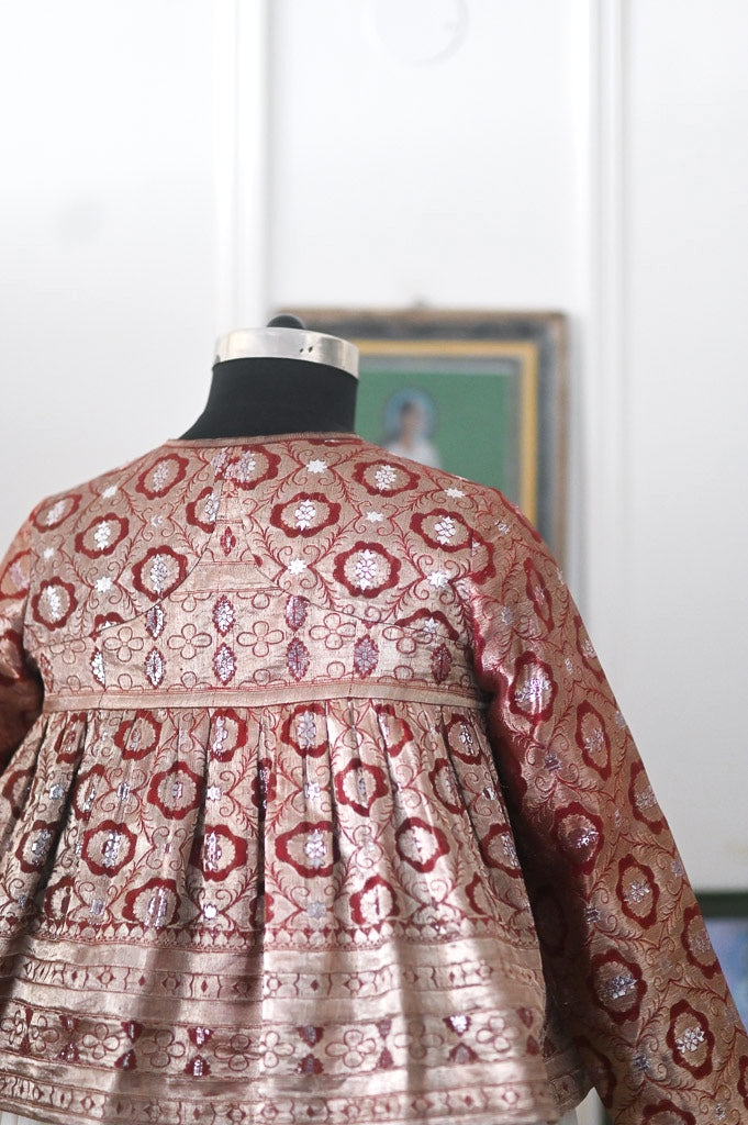 Alisha, Vintage Silk, Up Cycled into a Zari Deep Brown Kedia Blouse, Large - kinchecom