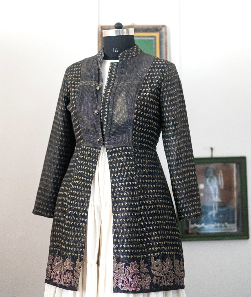 Rachel, Black Long jacket made with Vintage Kantha, Hand Embroidered, Large
