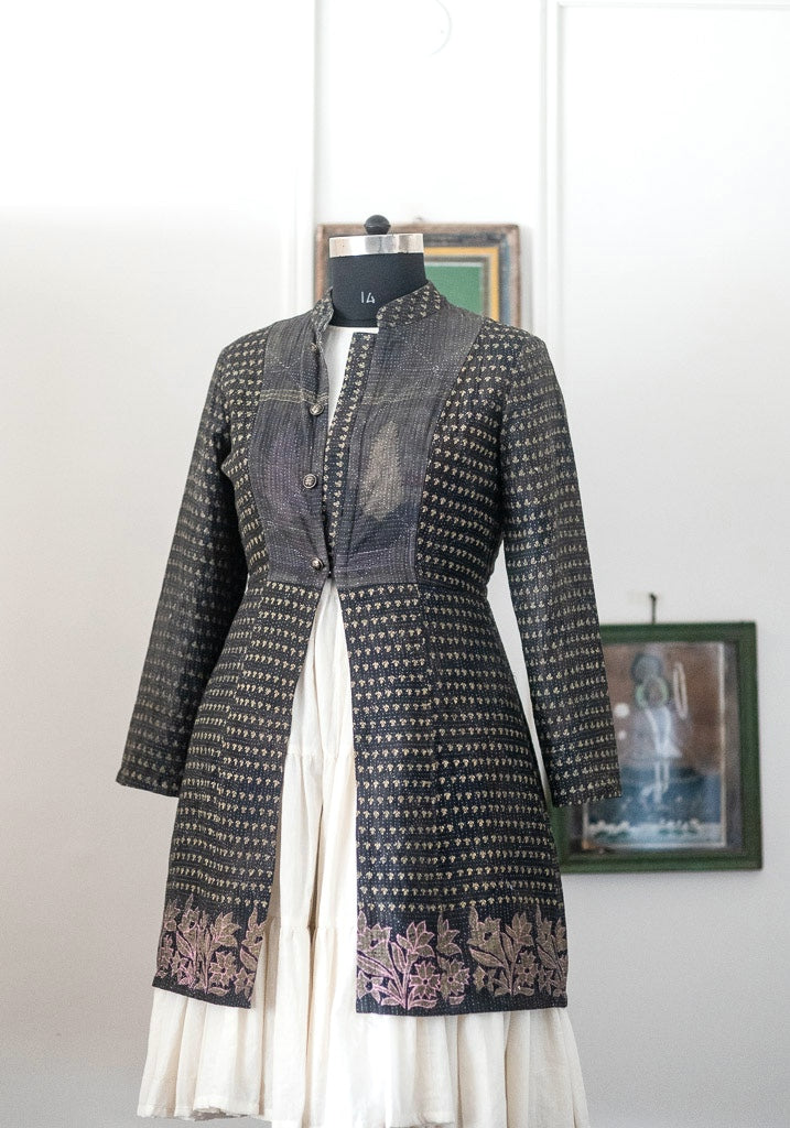 Rachel, Black Long jacket made with Vintage Kantha, Hand Embroidered, Large