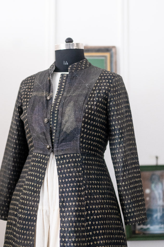Rachel, Black Long jacket made with Vintage Kantha, Hand Embroidered, Large